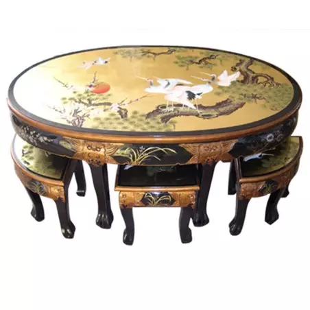 Grande table de salon chinoise laquée et 6 tabourets