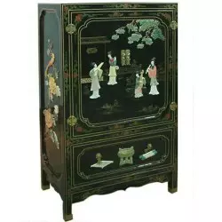 Armoire chinoise laquée noire avec incrustations 1 tiroir 2 portes H112cm