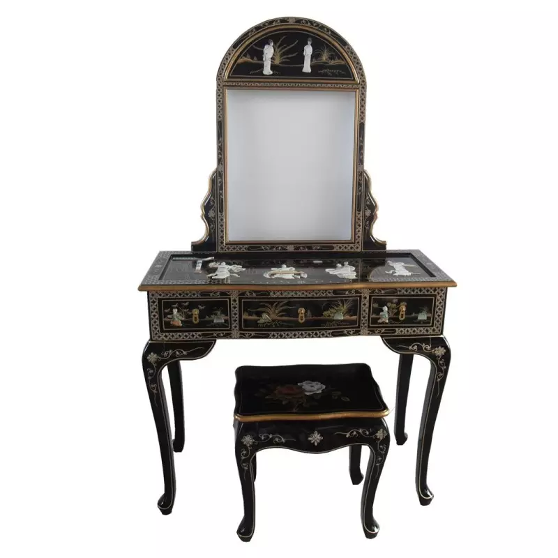 Coiffeuse chinoise laque noire avec miroir et tabouret