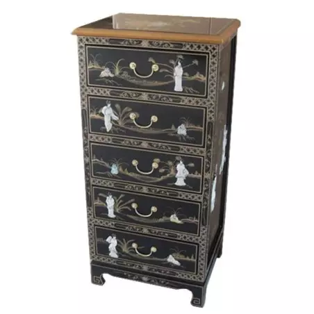 Commode chinoise laque noire 5 tiroirs