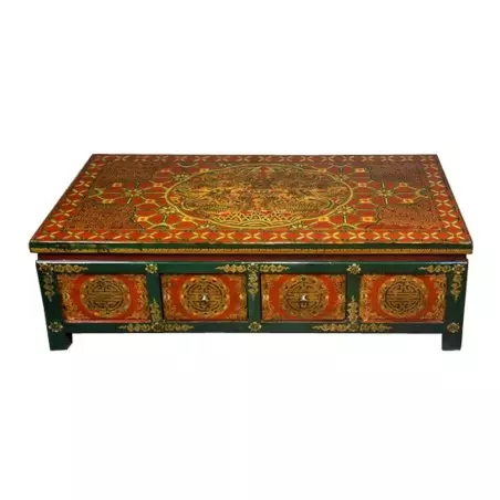 Table basse tibétaine 8T verte et rouge motifs floraux