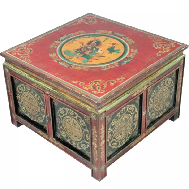 Table basse tibétaine noire et rouge motifs floraux