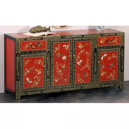 Buffet chinois rouge fleurs et papillons