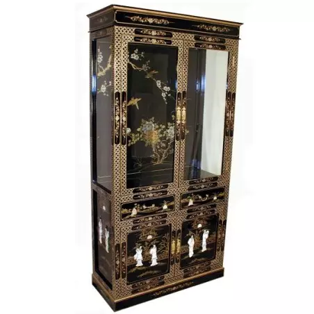 Vitrine chinoise laque noire nacres incrustées