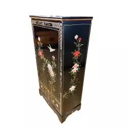 Armoire chinoise laque noire fleurs et oiseaux