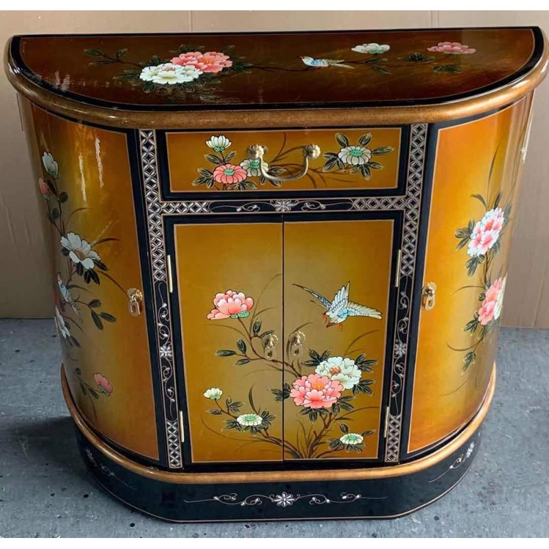 Meuble chinois laque mordorée fleurs et oiseaux