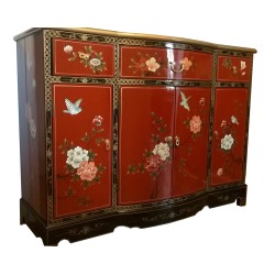 Buffet chinois laqué rouge foncé motifs fleurs et oiseaux