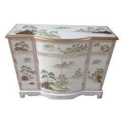 Buffet chinois laqué blanc motifs fleurs et oiseaux