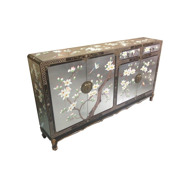 Buffet chinois laqué bicolor argent motif fleurs et oiseaux