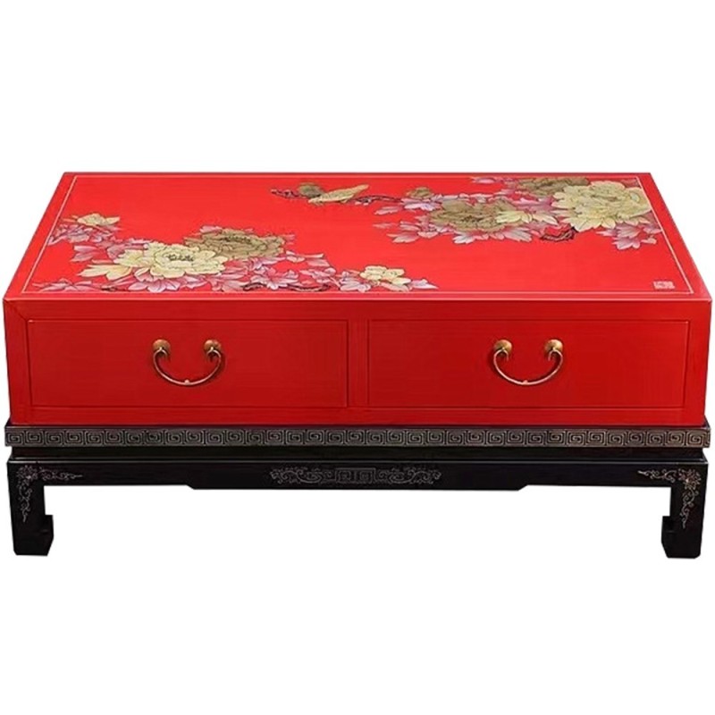 Table basse chinoise laquée rouge 2 tiroirs