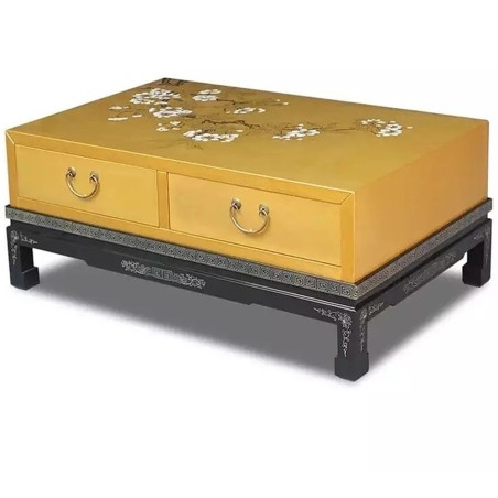 Table basse chinoise laquée jaune 2 tiroirs