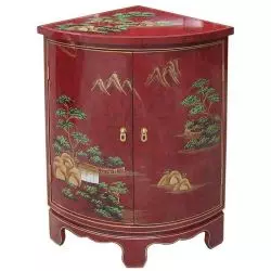 Meuble d'angle chinois rouge motifs paysage