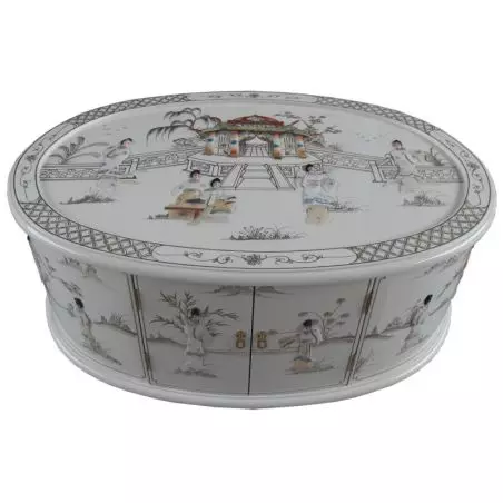 Table basse chinoise laque blanche avec incrustations de nacre