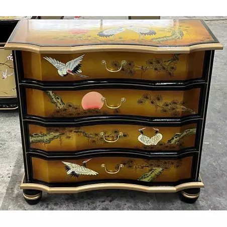 Commode chinoise laque mordorée oiseaux grue et soleil levant