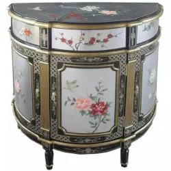 Meuble demi-lune laque argent motifs fleurs et oiseaux