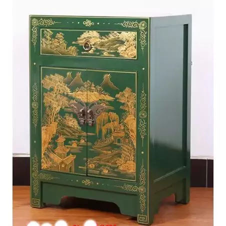 Meuble d'appoint chinois vert motifs paysages