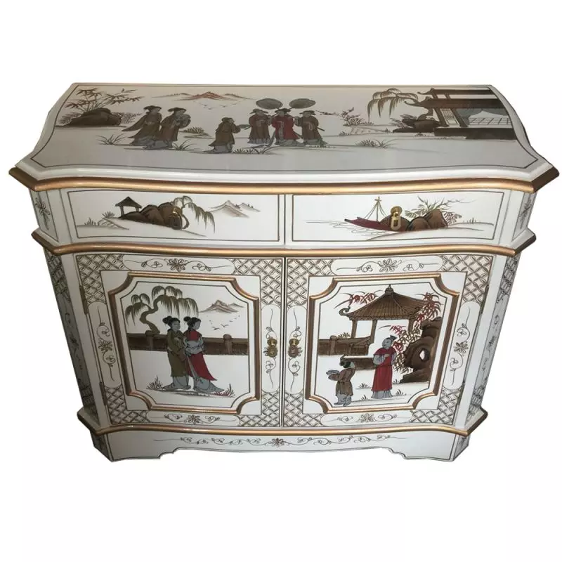 Buffet chinois laque blanche personnages peints