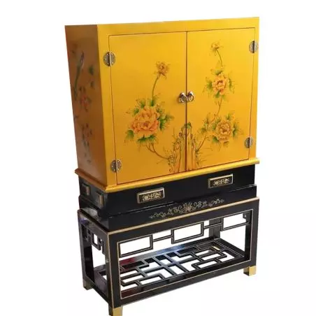 Armoire chinoise laquée fleurs de pivoine avec tablette H120cm