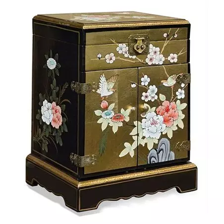 Boîte à bijoux chinoise laque dorée peintures fleurs et oiseaux