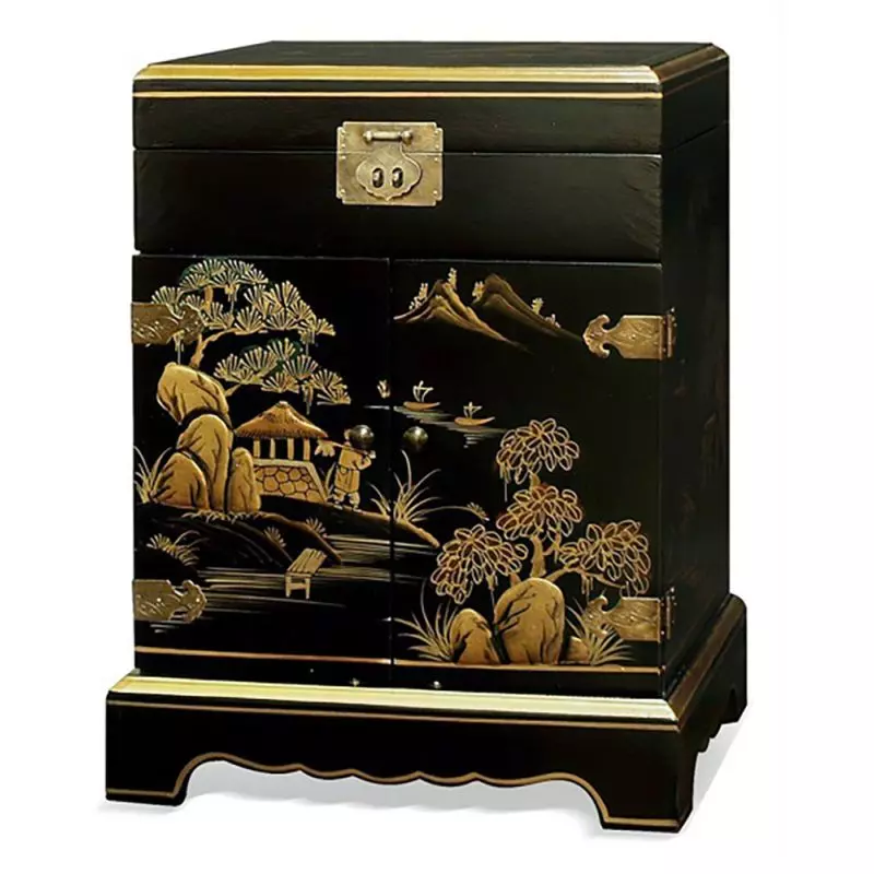 Boîte à bijoux chinoise laque noire peinture de paysages d'Asie