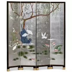 Paravent chinois laque argent oiseaux grues