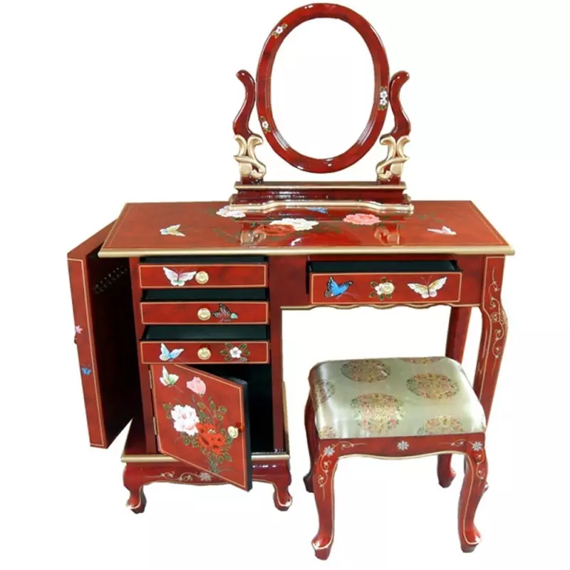 Coiffeuse chinoise laquée rouge avec tabouret et miroir