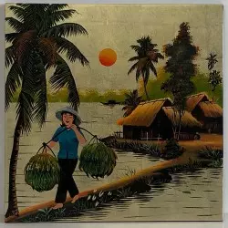 Tableau vietnamien - Village sur l'eau