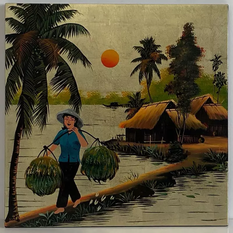 Tableau vietnamien - Village sur l'eau