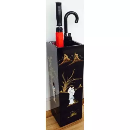 Porte parapluie en bois laqué doré motif oiseau grue