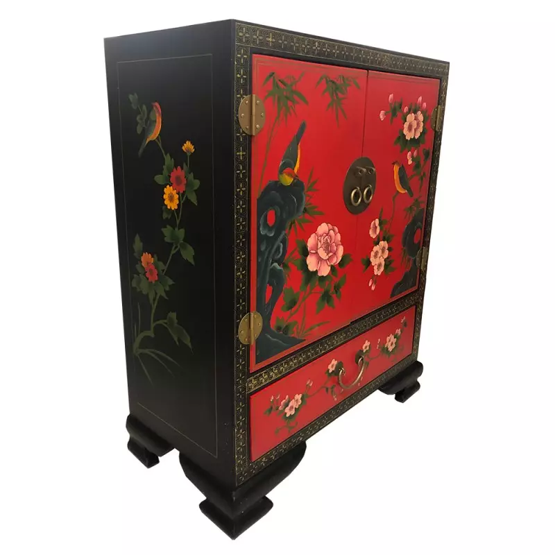 Meuble chinois d'appoint laqué rouge et noir